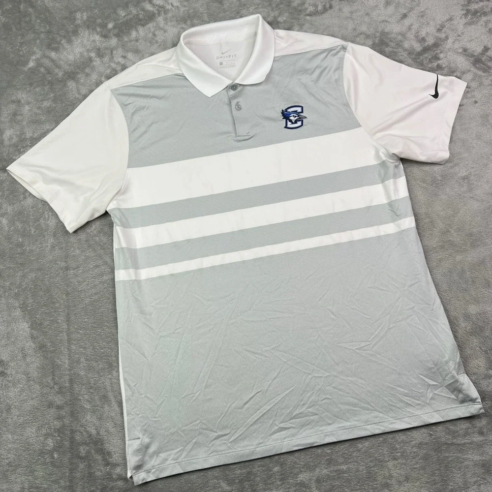 Nike Creighton Bluejays Dri-FIT Polo Shirt Mens Large White Grey Striped Stretch
